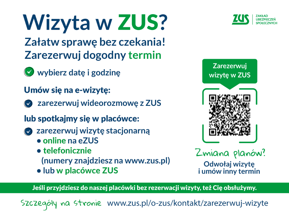 Plakat informujący o możliwości zarezerwowania terminu w ZUS